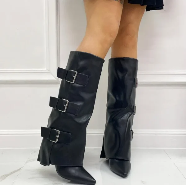 Primi Tacchi Altea - Stivale Donna Scarpa Punta Tacco Quadrato Fibbie Nero New