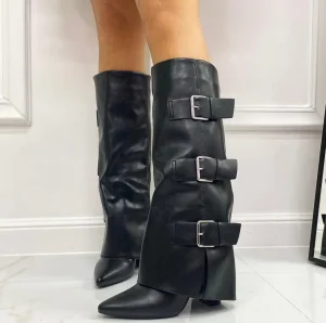 Primi Tacchi Altea - Stivale Donna Scarpa Punta Tacco Quadrato Fibbie Nero New