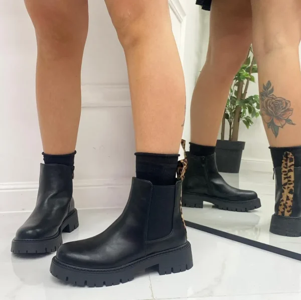 Primi Tacchi Alya - Stivaletto Donna Anfibio Punta Tonda Leopardato Comodo Nero Discount