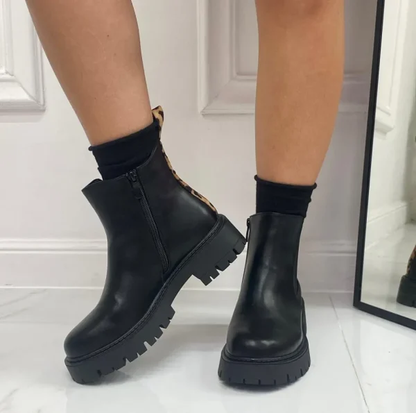 Primi Tacchi Alya - Stivaletto Donna Anfibio Punta Tonda Leopardato Comodo Nero Discount