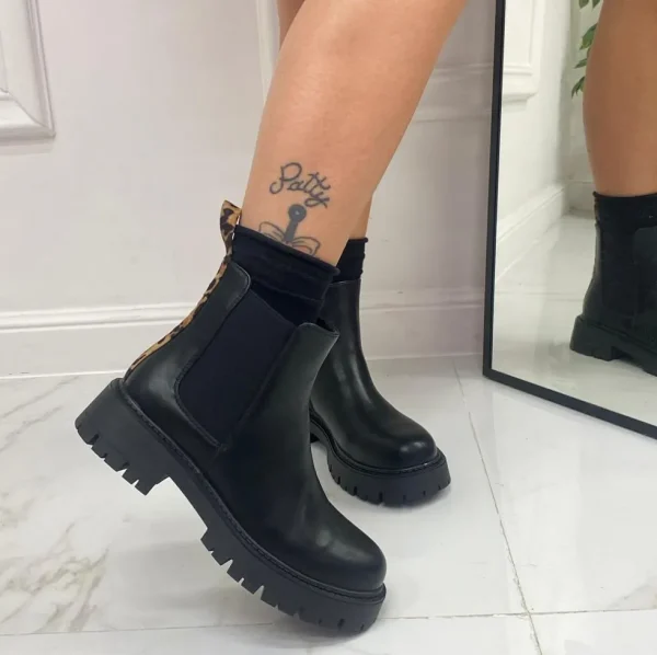 Primi Tacchi Alya - Stivaletto Donna Anfibio Punta Tonda Leopardato Comodo Nero Discount