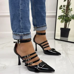 Primi Tacchi Angy - Décolleté Donna Scarpa Cinturini Tacco Spillo Vernice Elegante NERO Hot