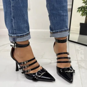 Primi Tacchi Angy - Décolleté Donna Scarpa Cinturini Tacco Spillo Vernice Elegante NERO Hot