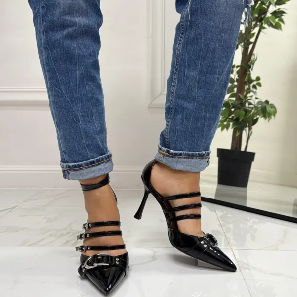 Primi Tacchi Angy - Décolleté Donna Scarpa Cinturini Tacco Spillo Vernice Elegante NERO Hot
