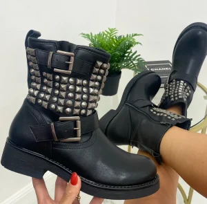 Primi Tacchi Bibi - Stivaletti Bassi Borchie Fibbie Casual Comodo Nero Clearance