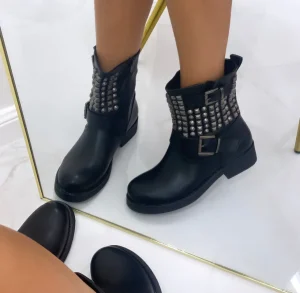 Primi Tacchi Bibi - Stivaletti Bassi Borchie Fibbie Casual Comodo Nero Clearance