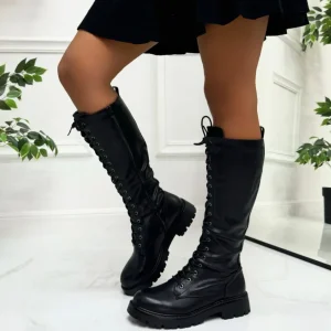 Primi Tacchi Blair - Stivali Anfibi Donna Lacci Casual Comodo Nero Hot