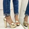 Primi Tacchi Britney - Sandalo Donna Scarpe Cinturino Tacco Quadrato Plateau Oro Clearance