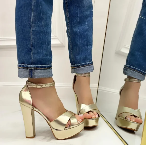 Primi Tacchi Britney - Sandalo Donna Scarpe Cinturino Tacco Quadrato Plateau Oro Clearance