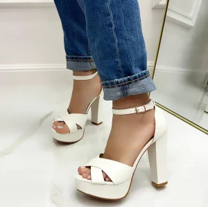 Primi Tacchi Britney - Sandalo Donna Scarpe Cinturino Tacco Quadrato Plateau Bianco New