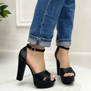 Primi Tacchi Britney - Sandalo Donna Scarpe Cinturino Tacco Quadrato Plateau Nero Sale