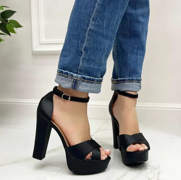 Primi Tacchi Britney - Sandalo Donna Scarpe Cinturino Tacco Quadrato Plateau Nero Sale