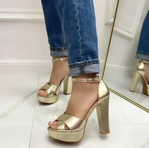 Primi Tacchi Britney - Sandalo Donna Scarpe Cinturino Tacco Quadrato Plateau Oro Clearance