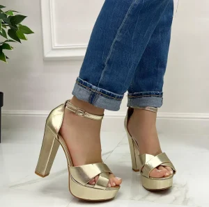 Primi Tacchi Britney - Sandalo Donna Scarpe Cinturino Tacco Quadrato Plateau Oro Clearance