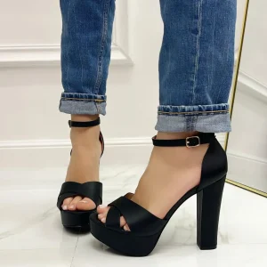 Primi Tacchi Britney - Sandalo Donna Scarpe Cinturino Tacco Quadrato Plateau Nero Sale