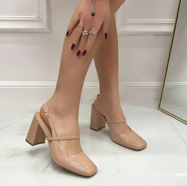 Primi Tacchi Bruna - Décolleté Donna Scarpa Cinturino Tacco Quadrato Elegante Nude Clearance