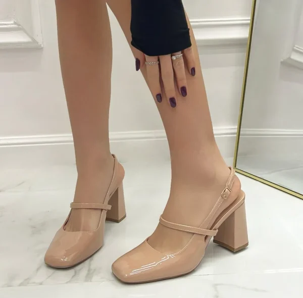Primi Tacchi Bruna - Décolleté Donna Scarpa Cinturino Tacco Quadrato Elegante Nude Clearance