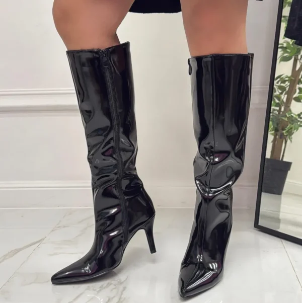 Primi Tacchi Chic - Stivale Donna Lucido Alto Punta Cerniera Tacco Spillo Elegante Clearance