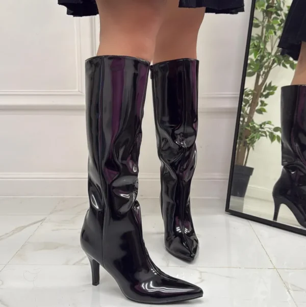 Primi Tacchi Chic - Stivale Donna Lucido Alto Punta Cerniera Tacco Spillo Elegante Clearance
