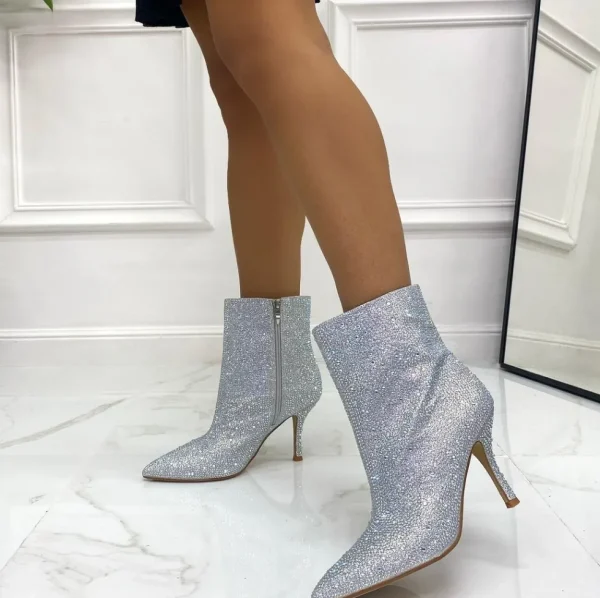 Primi Tacchi Dea - Stivaletto Donna Punta Tacco Strass Argento Outlet