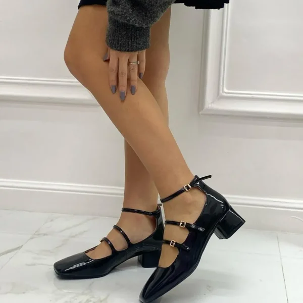 Primi Tacchi Delia - Décolleté Donna Punta Tacco Basso Quadrato Lucido Nero Sale