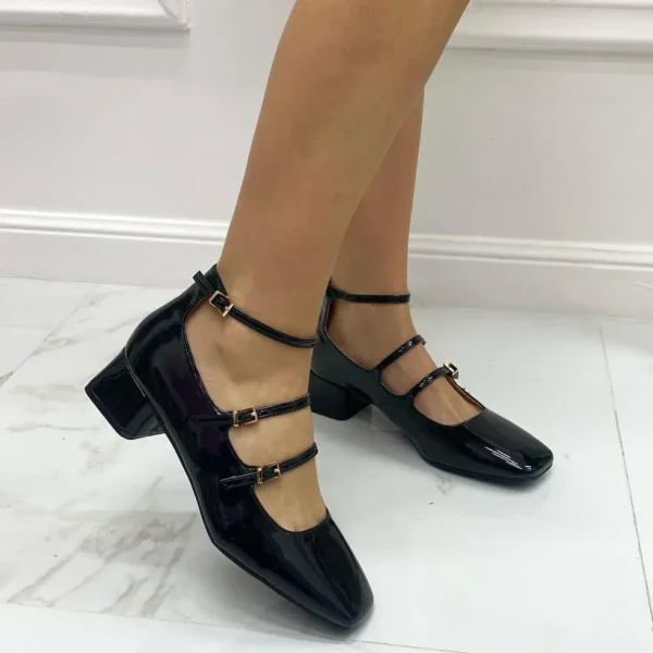 Primi Tacchi Delia - Décolleté Donna Punta Tacco Basso Quadrato Lucido Nero Sale