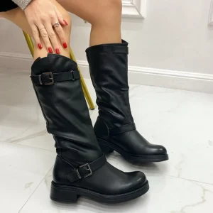 Primi Tacchi Delina - Stivale Donna Alto Punta Tonda Donna Fibbie Nero Discount