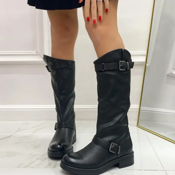 Primi Tacchi Delina - Stivale Donna Alto Punta Tonda Donna Fibbie Nero Discount
