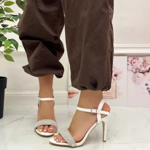 Primi Tacchi Emma - Sandali Donna Scarpe Strass Argento Tacco Spillo Bianco Clearance