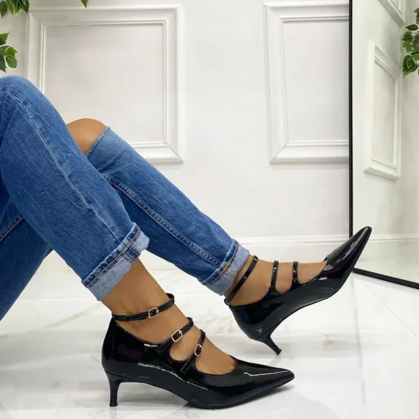 Primi Tacchi Eva - Décolleté Donna Cinturini Tacco Spillo Elegante Vernice Nero Fashion