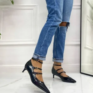Primi Tacchi Eva - Décolleté Donna Cinturini Tacco Spillo Elegante Vernice Nero Fashion