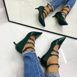 Primi Tacchi Eva - Décolleté Donna Cinturini Tacco Spillo Elegante Vernice Verde Discount