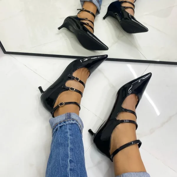 Primi Tacchi Eva - Décolleté Donna Cinturini Tacco Spillo Elegante Vernice Nero Fashion
