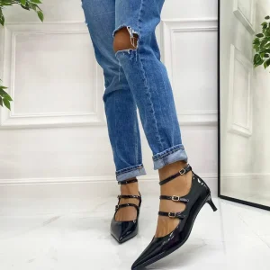 Primi Tacchi Eva - Décolleté Donna Cinturini Tacco Spillo Elegante Vernice Nero Fashion