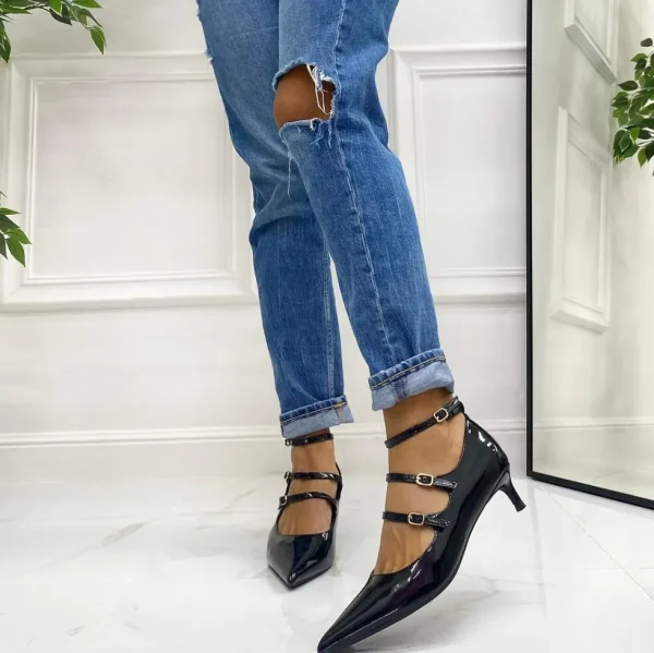Primi Tacchi Eva - Décolleté Donna Cinturini Tacco Spillo Elegante Vernice Nero Fashion