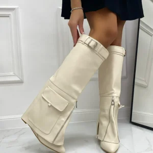 Primi Tacchi Gioia - Stivale Donna Scarpe Zeppa Punta Tonda Beige Outlet