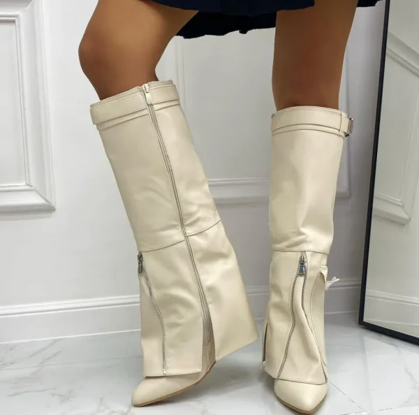 Primi Tacchi Gioia - Stivale Donna Scarpe Zeppa Punta Tonda Beige Outlet