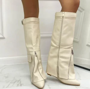 Primi Tacchi Gioia - Stivale Donna Scarpe Zeppa Punta Tonda Beige Outlet