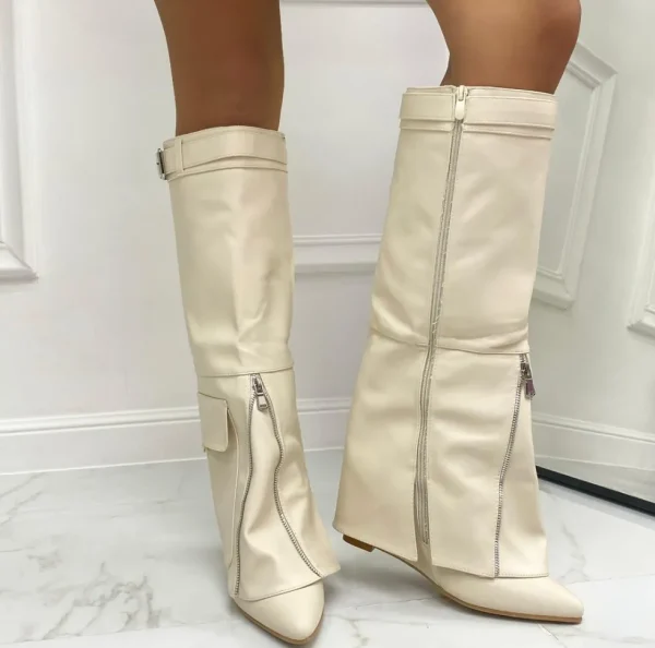 Primi Tacchi Gioia - Stivale Donna Scarpe Zeppa Punta Tonda Beige Outlet