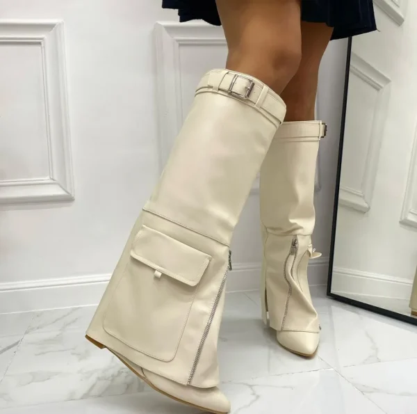 Primi Tacchi Gioia - Stivale Donna Scarpe Zeppa Punta Tonda Beige Outlet