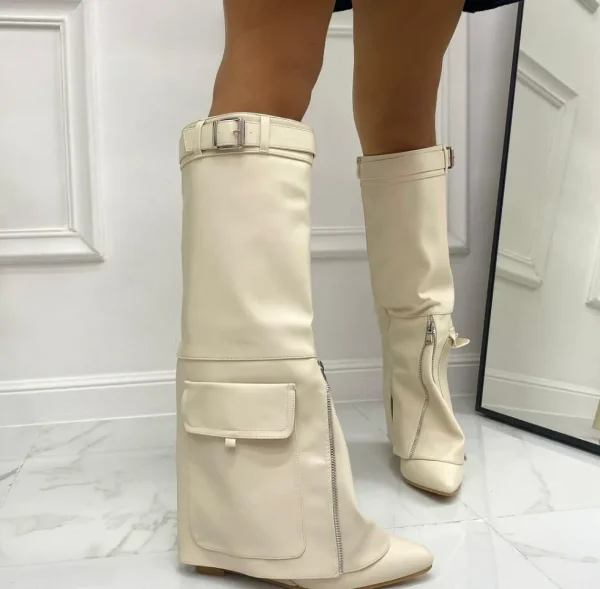 Primi Tacchi Gioia - Stivale Donna Scarpe Zeppa Punta Tonda Beige Outlet