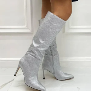 Primi Tacchi Glamour - Stivali Donna Alto Tacco Spillo Punta Strass Argento Outlet