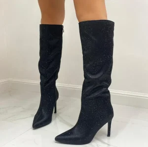 Primi Tacchi Glamour - Stivali Donna Alto Tacco Spillo Punta Strass Nero Fashion