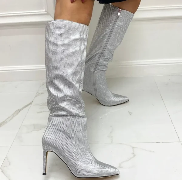 Primi Tacchi Glamour - Stivali Donna Alto Tacco Spillo Punta Strass Argento Outlet