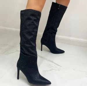 Primi Tacchi Glamour - Stivali Donna Alto Tacco Spillo Punta Strass Nero Fashion
