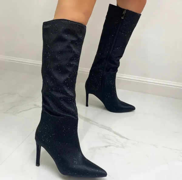 Primi Tacchi Glamour - Stivali Donna Alto Tacco Spillo Punta Strass Nero Fashion