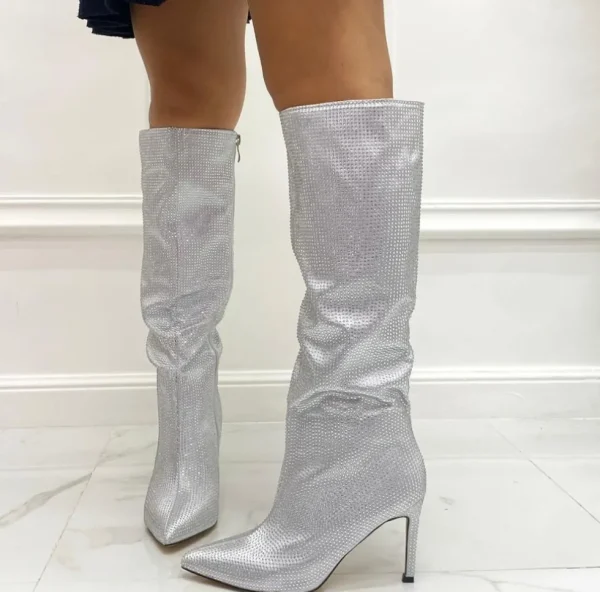 Primi Tacchi Glamour - Stivali Donna Alto Tacco Spillo Punta Strass Argento Outlet