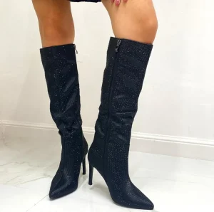 Primi Tacchi Glamour - Stivali Donna Alto Tacco Spillo Punta Strass Nero Fashion