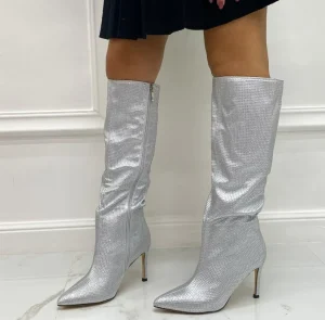 Primi Tacchi Glamour - Stivali Donna Alto Tacco Spillo Punta Strass Argento Outlet