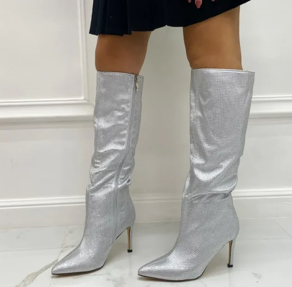 Primi Tacchi Glamour - Stivali Donna Alto Tacco Spillo Punta Strass Argento Outlet